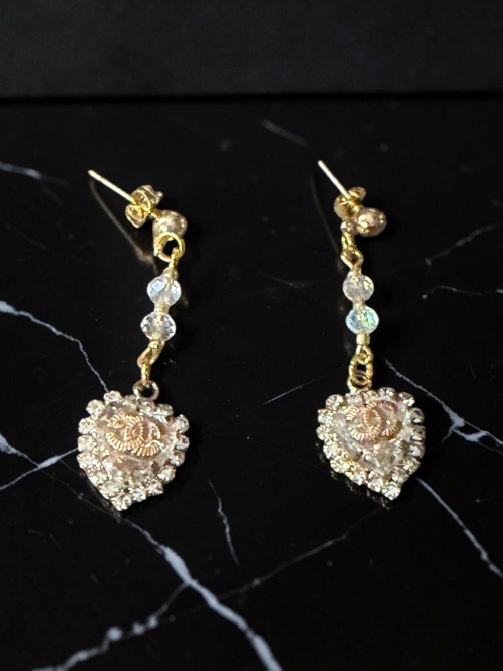 Chanel (UPCYCLED)Heart Drop Earrings with Crystal Accents
